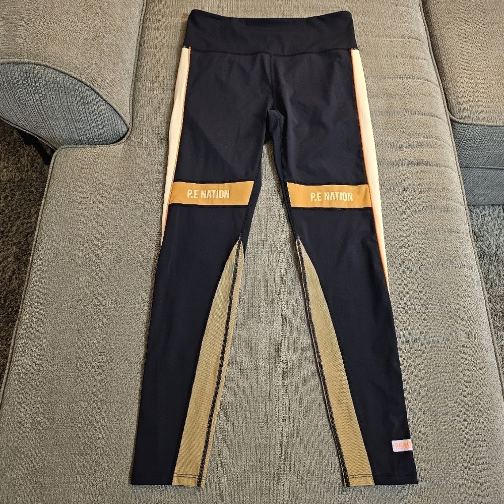P.E Nation Black Yellow Orange Mesh Athletic Running Gym Sporty Leggings Size XL